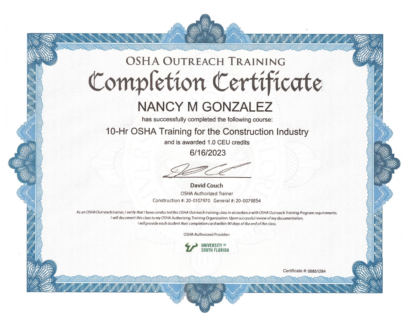 Nancy Gonzalez - OSHA Training Certificate